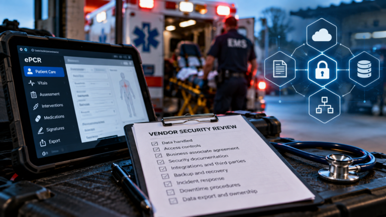 EMS leader reviewing emergency medical software compliance across ePCR, dispatch, cloud, and vendor systems.