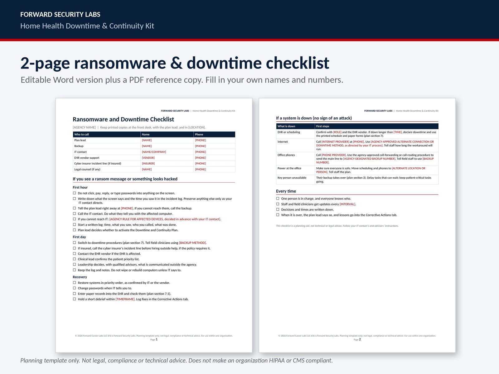 Two-page ransomware and downtime checklist preview