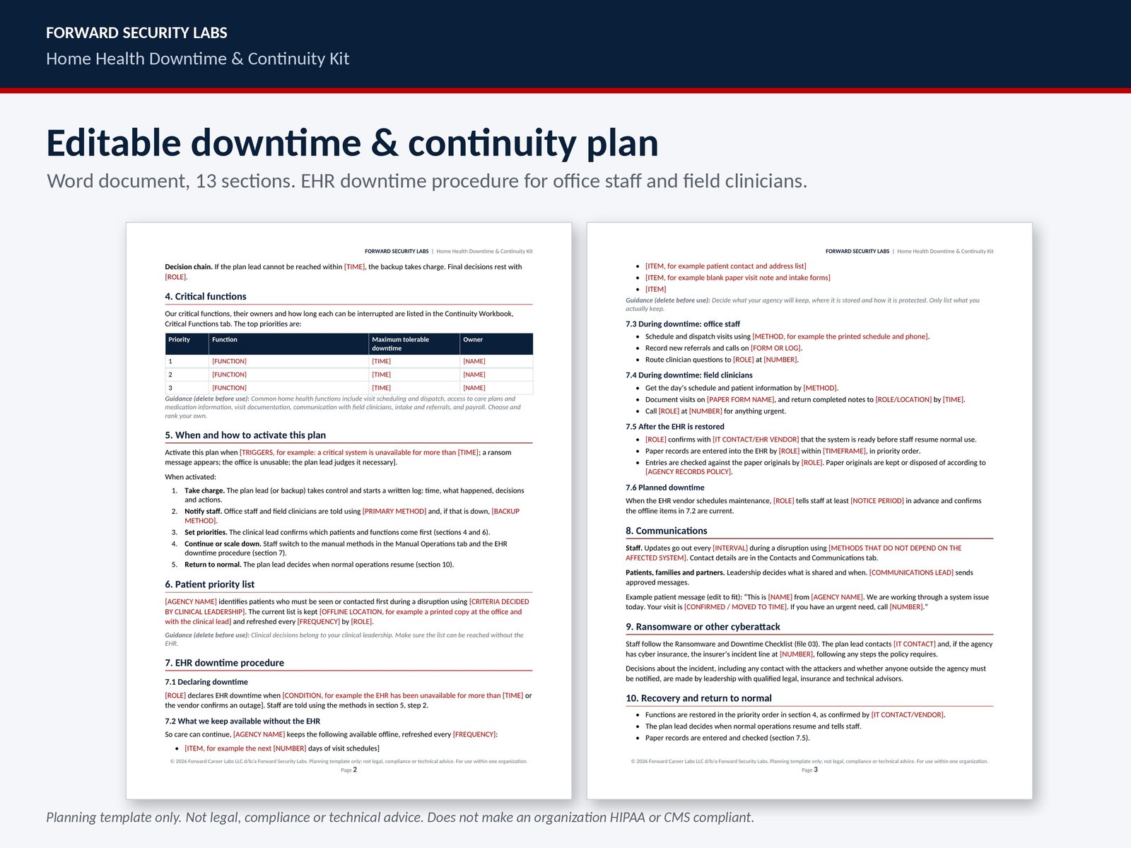 Downtime and continuity plan pages showing activation and EHR downtime sections