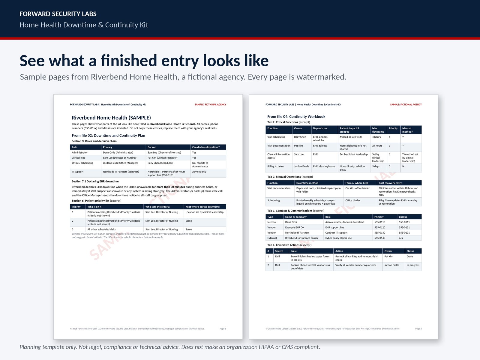 Filled sample pages from a fictional home health agency