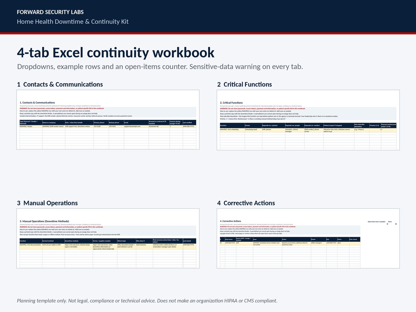 Four tabs of the Excel continuity workbook