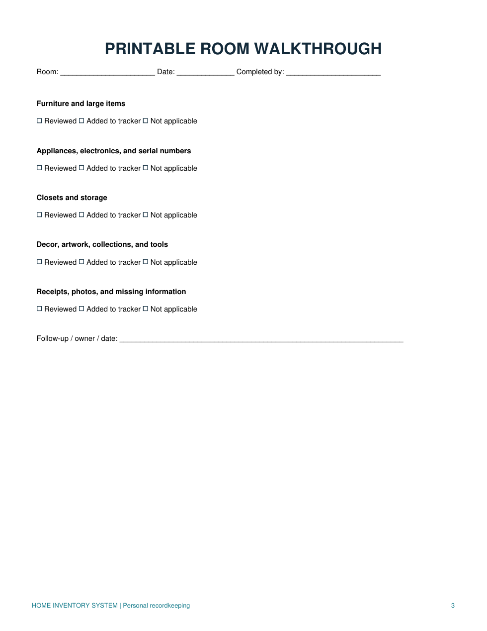 Actual printable room checklist